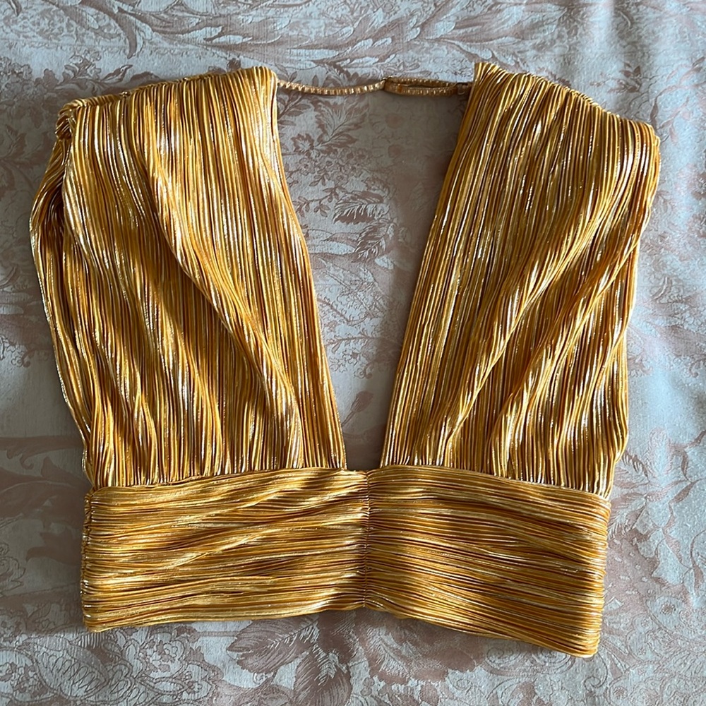 Sabina Musayev Metallic Gold Plissé Crop Top